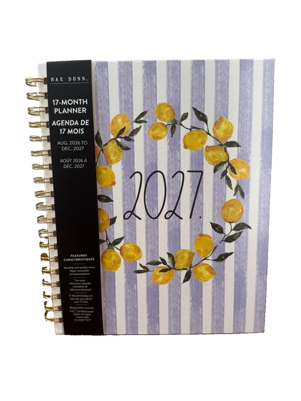 Rae Dunn 2027 PLANNER Hard Cover Spiral 17 months Planner Wheath Lemon  10x8”